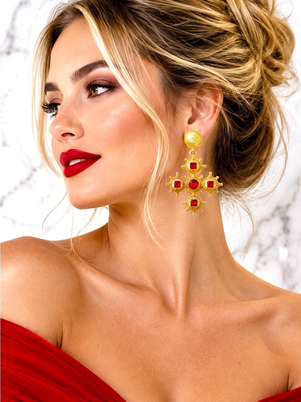 Baroque Style Red Faux Gemstone Cross Earrings – Statement Dangle Earrings